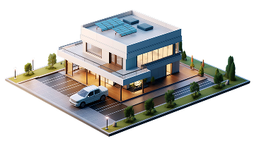 Ilustración 3D de edificio comercial con estacionamiento