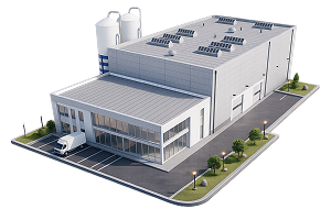 Ilustración 3D de instalación industrial o bodega